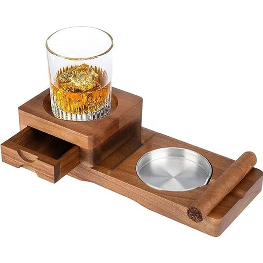 Whiskey & Ember Station – Cigar Ashtray, Whiskey Glass Holder & Accessory Drawer